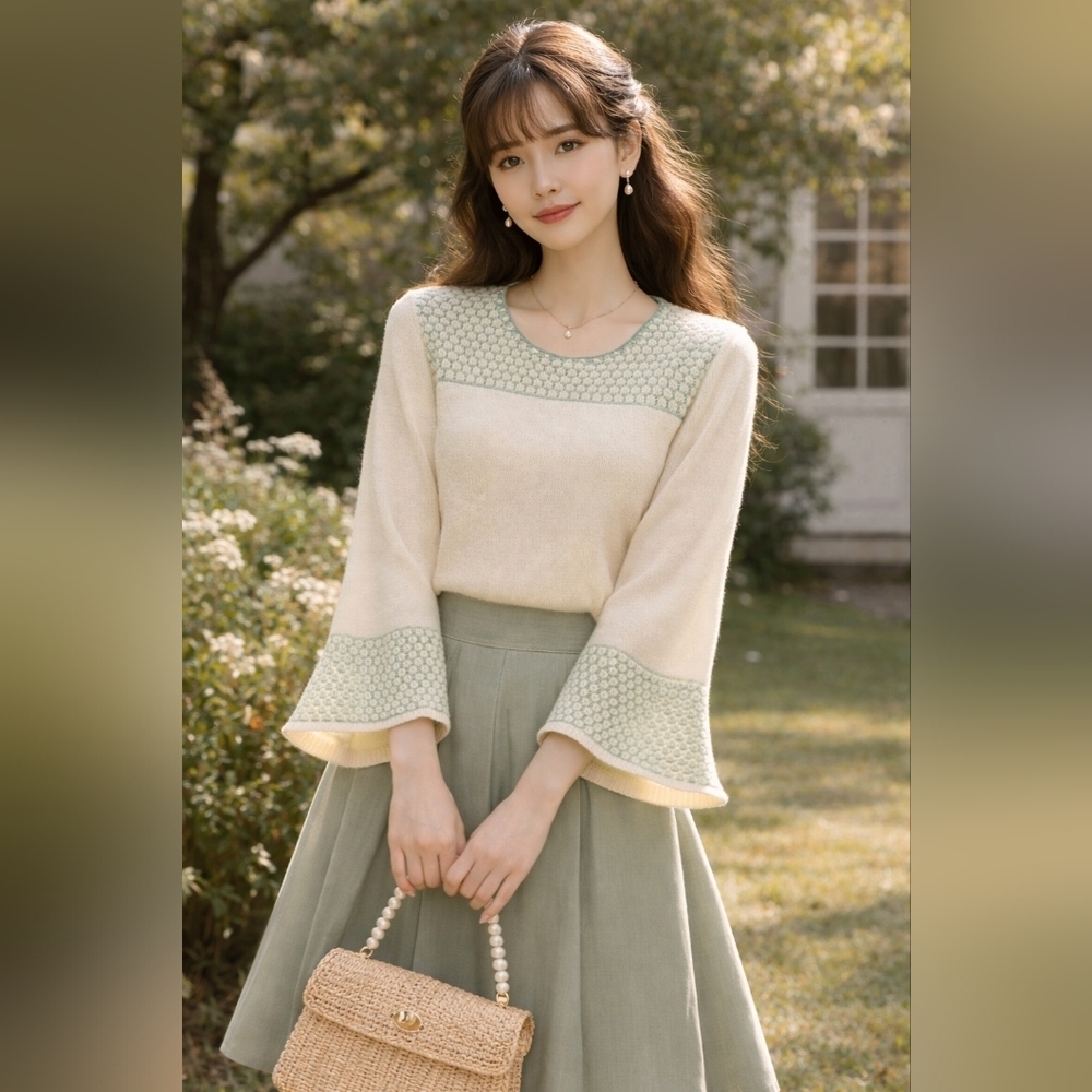 Vintage Sears JR Bazaar Cream And Green Knit Sweater